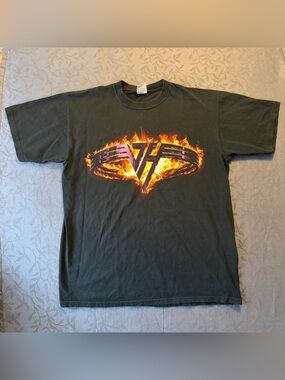 Vintage Van Halen T Shirt Mens Size L Black Kicks Ass Flame Ring Tour Rock Band
